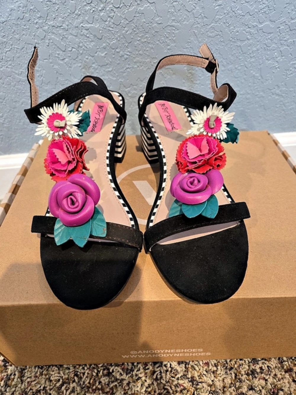Betsey Johnson Iria Floral Striped Ankle Strap Heel Wedge Sandals Black & Pink
